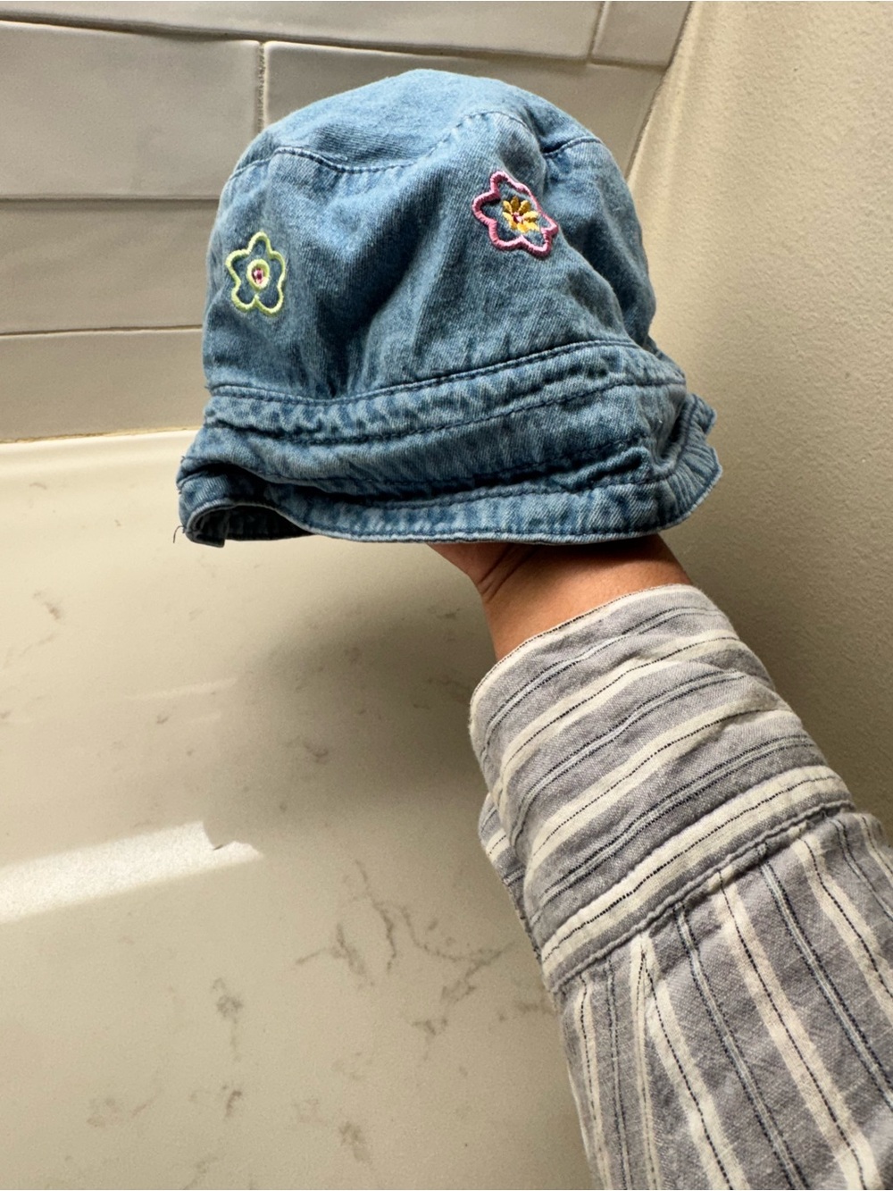 Mudd Denim Blue Bucket Hat with Pink & Yellow Floral Embroidery